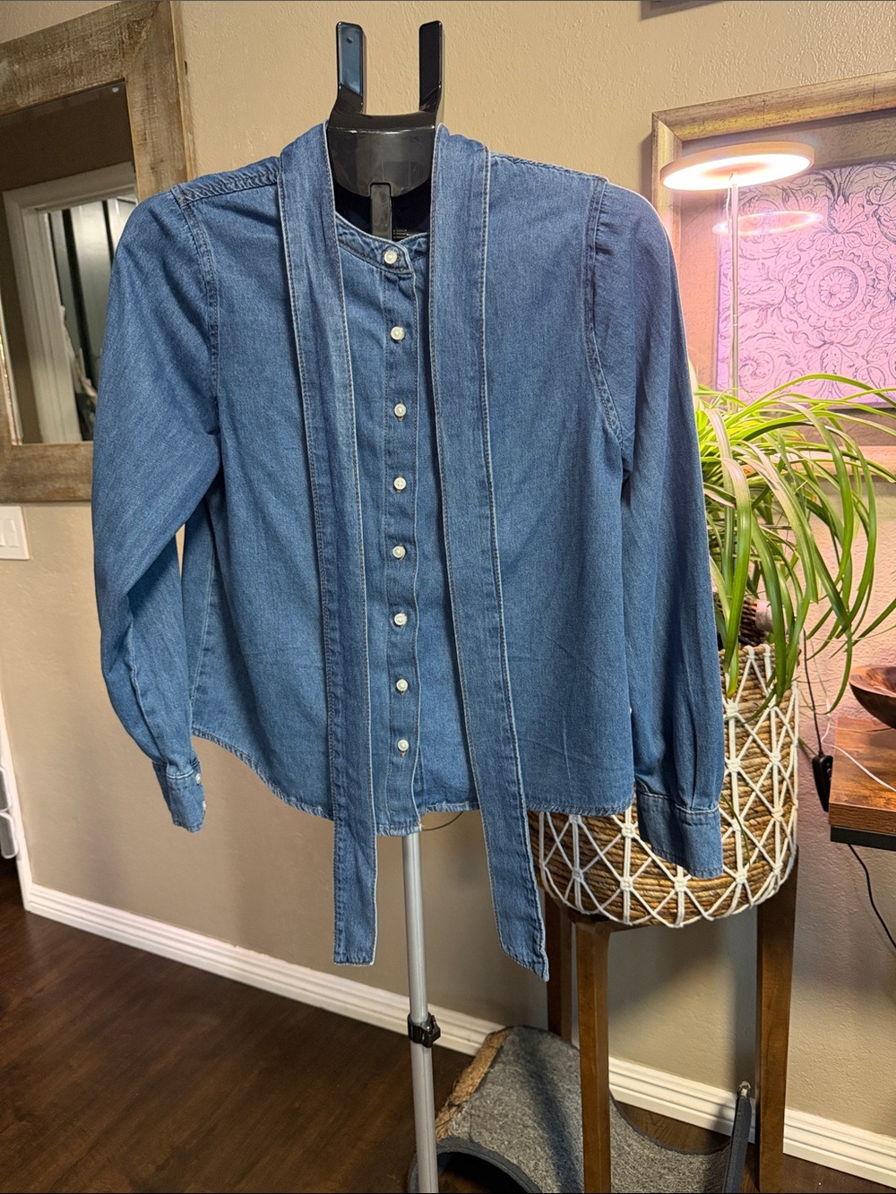 Nanette Lepore Denim Blue Button-Front Tie Shirt